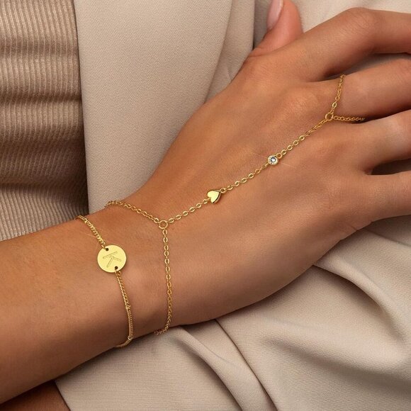 Gold Hand Chain Bracelet with Initial Charms 18K Gold Plated Jewelry for Women - Picture 3 of 5